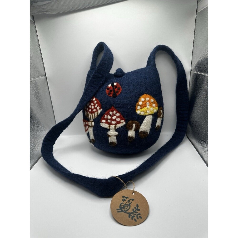 Handmade Felted Wool Crossbody Bag Navy Mushroom Ladybug Design NWT